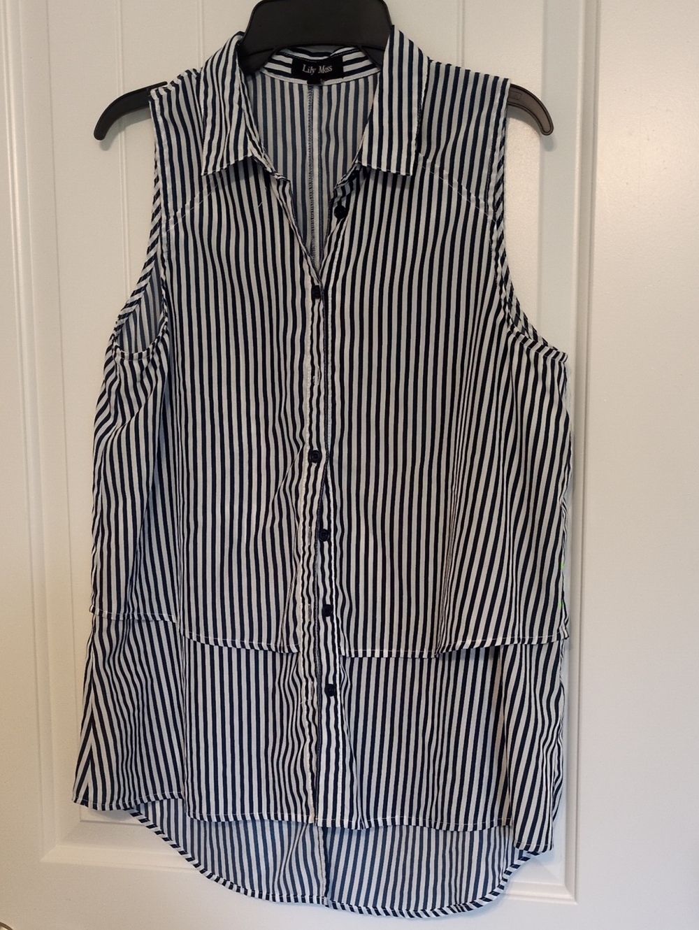 Navy & White Striped Sleeveless Button-Down Top
